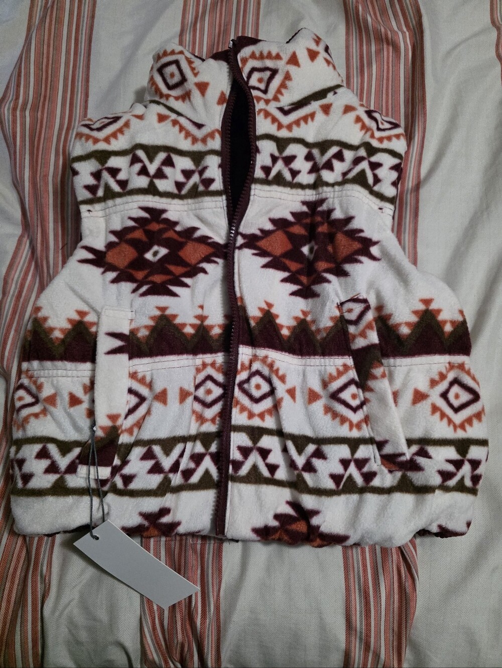 Womens Zip-Front Fleece Vest in White with Multi-Color Aztec Print